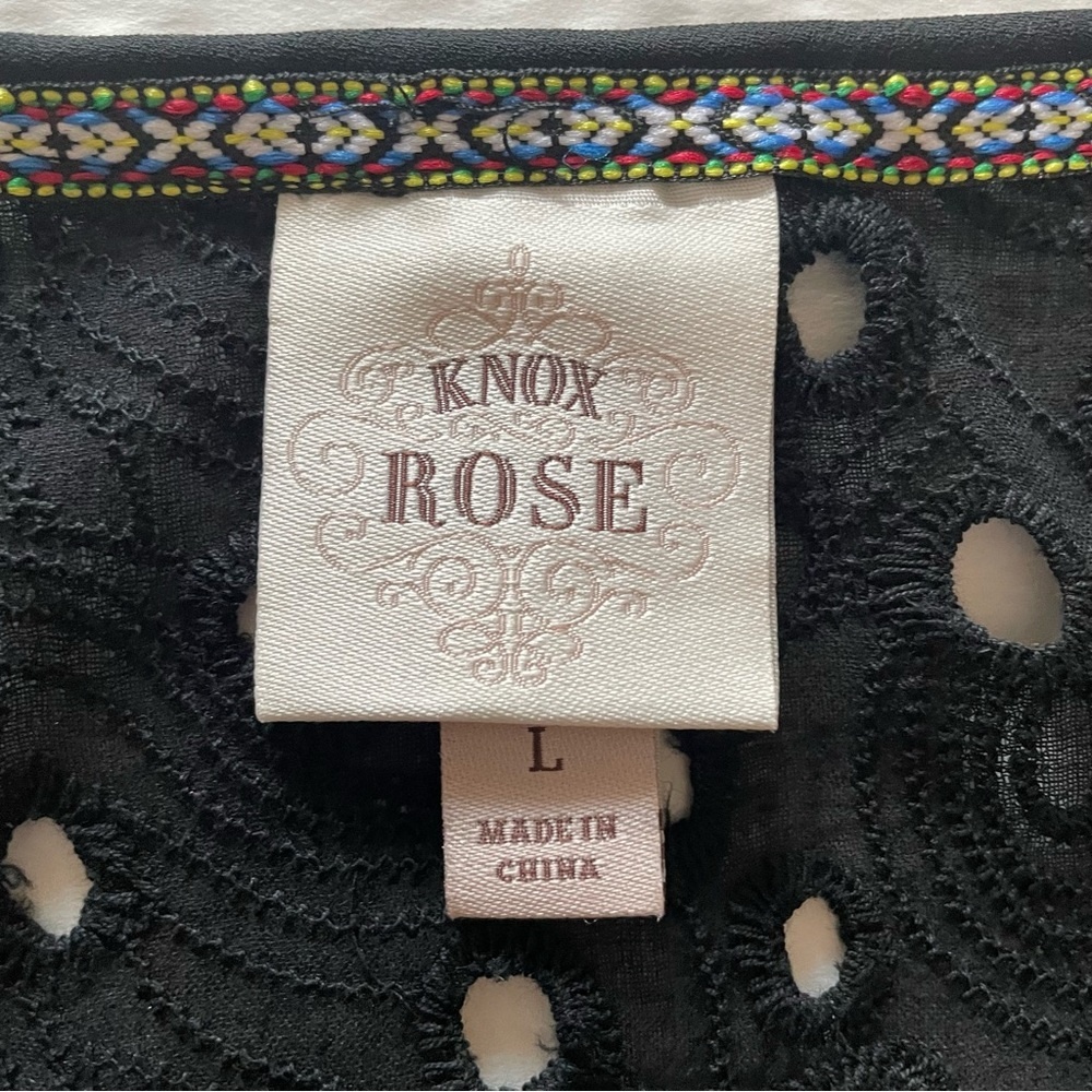 Knox Rose Bohemian Eyelet Dress Black Sleeveless Lace-Up Fringe Tassel Tunic L - Picture 6 of 9